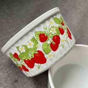 Two Vintage Strawberry Print Stoneware Ramekins